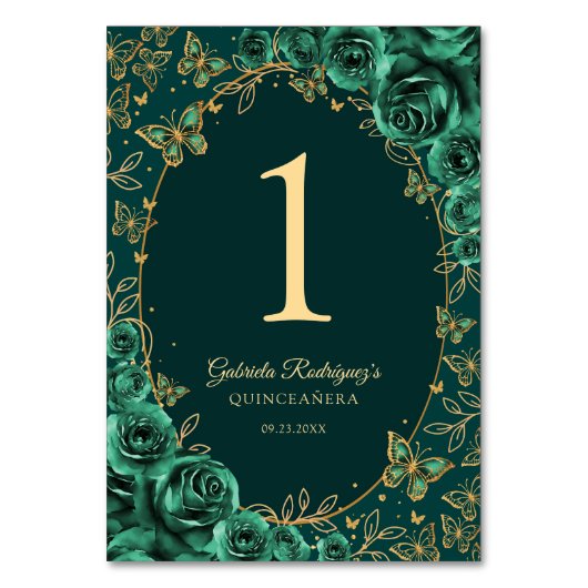 Emerald Green Gold Quinceanera テーブルナンバー (正面)