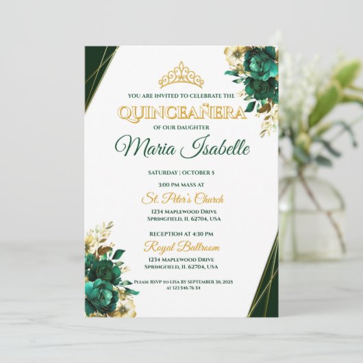 Emerald Green & Gold Quinceañera Invitation 招待状 (スタンド正面)