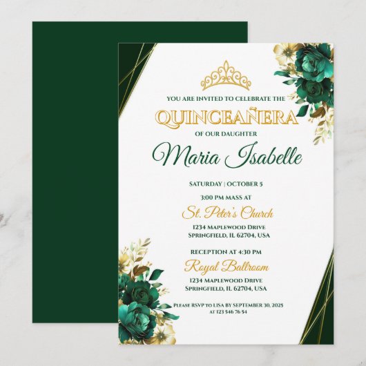 Emerald Green & Gold Quinceañera Invitation 招待状 (正面/裏面)
