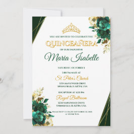 Emerald Green & Gold Quinceañera Invitation 招待状