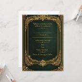Emerald Green Gold Royal Wedding Invitation カード (正面/裏面インサイチュ)