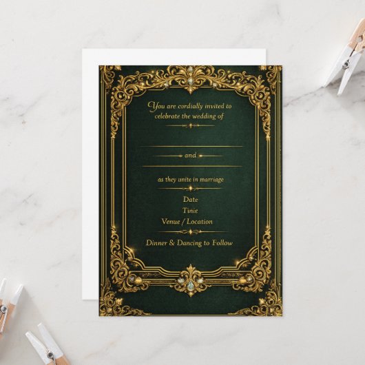Emerald Green Gold Royal Wedding Invitation カード (正面/裏面インサイチュ)