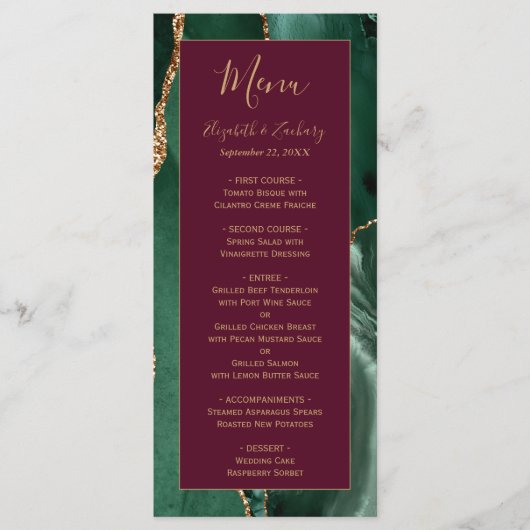 Emerald Green Gold Script Burgundy Wedding Menu メニュー (正面)