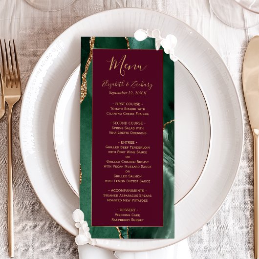 Emerald Green Gold Script Burgundy Wedding Menu メニュー