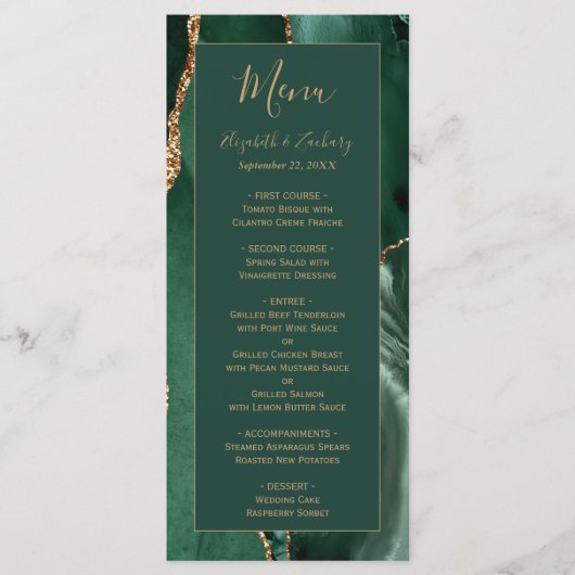 Emerald Green Gold Script Wedding Menu メニュー (正面)