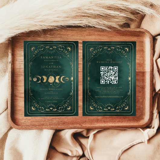 Emerald Green Gold Tarot Celestial QR Code Wedding 招待状
