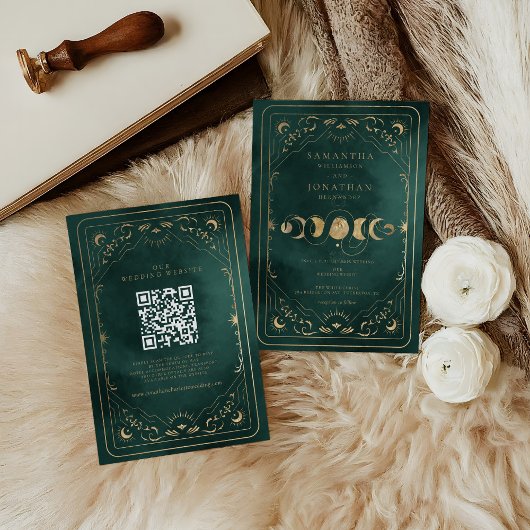 Emerald Green Gold Tarot Celestial QR Code Wedding 招待状