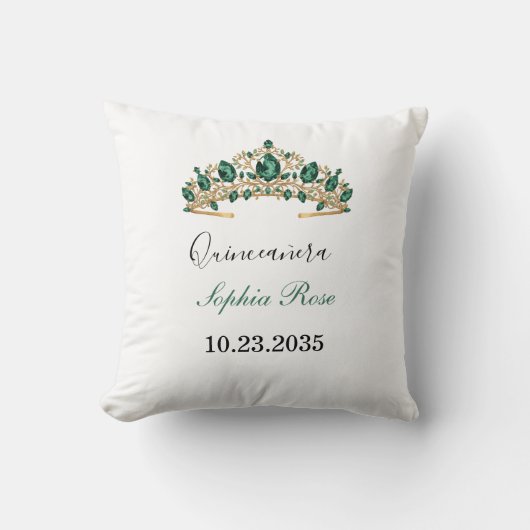 Emerald Green Gold Tiara Quinceañera Pillow クッション (正面)