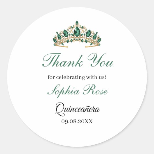 Emerald Green Gold Tiara Quinceañera Sticker ラウンドシール (正面)