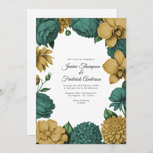 Emerald Green & Gold Watercolor Floral Wedding 招待状 (正面/裏面)