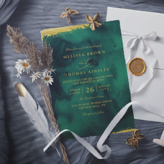 Emerald Green Gold Watercolor QR Code Wedding 招待状