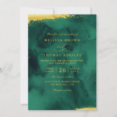 Emerald Green Gold Watercolor QR Code Wedding 招待状 (正面)