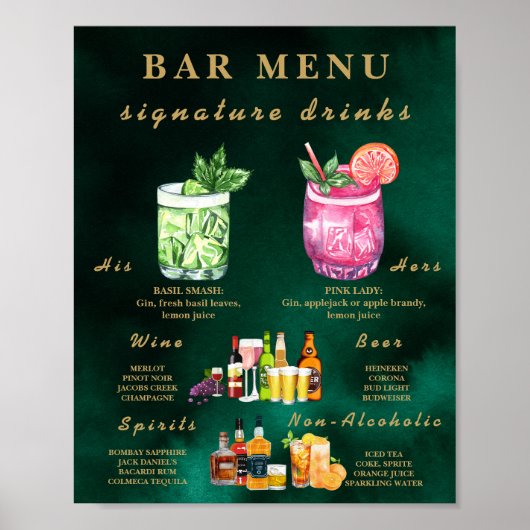 Emerald Green & Gold Wedding Bar Menu ポスター (正面)