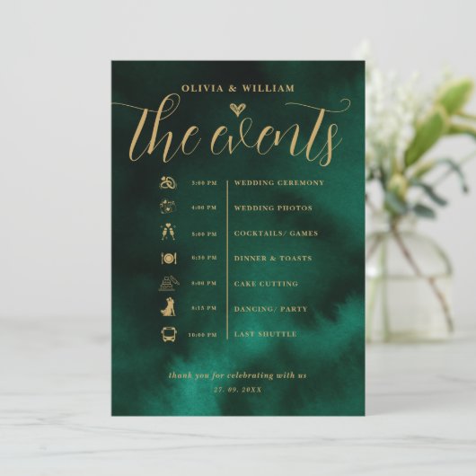 Emerald Green & Gold Wedding Order of Events 招待状 (スタンド正面)