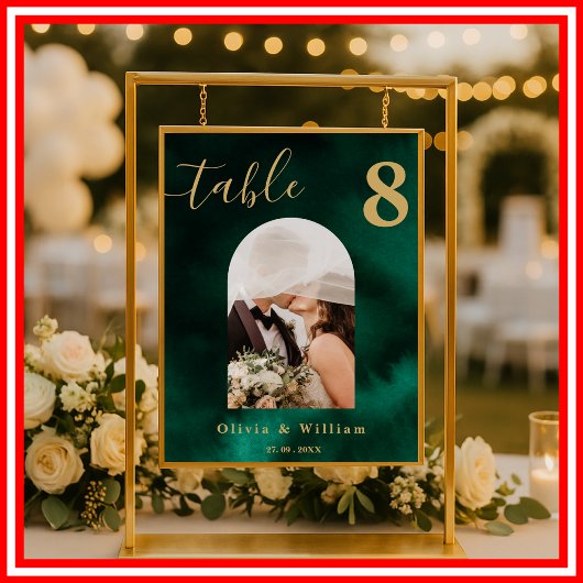 Emerald Green & Gold Wedding PHOTO Table Number  ポスター