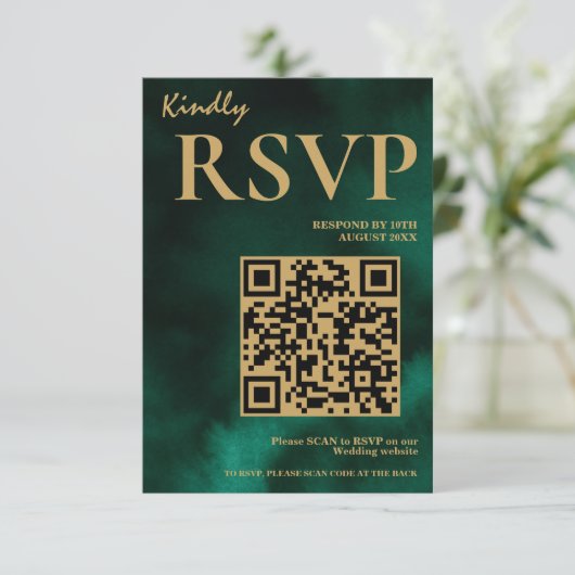  Emerald Green & Gold Wedding QR Code RSVP エンクロージャーカード (スタンド正面)