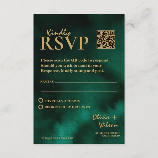  Emerald Green & Gold Wedding QR Code RSVP エンクロージャーカード (裏面)