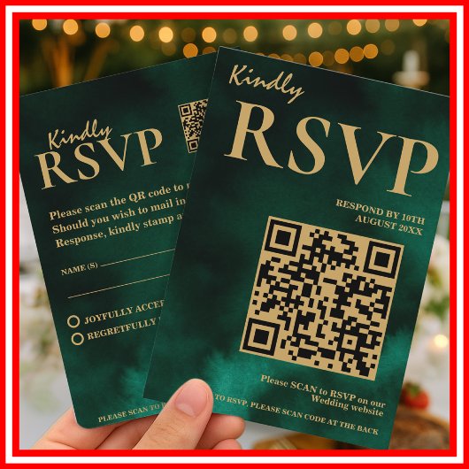  Emerald Green & Gold Wedding QR Code RSVP エンクロージャーカード