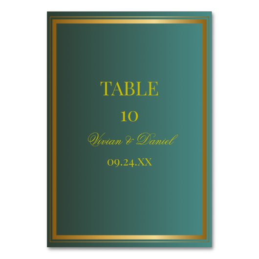 Emerald Green & Gold Wedding Table Number Card テーブルナンバー (正面)