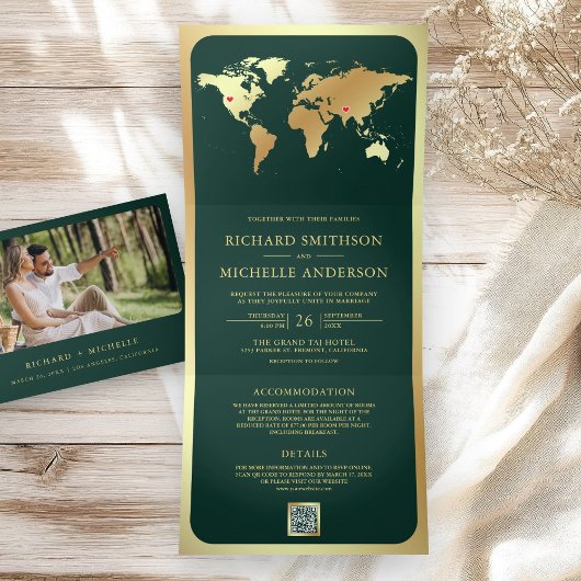 Emerald Green Gold World Map QR Code Photo Wedding 三つ折り招待状