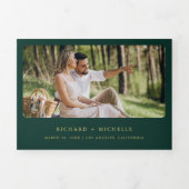 Emerald Green Gold World Map QR Code Photo Wedding 三つ折り招待状 (カバー)