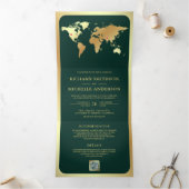 Emerald Green Gold World Map QR Code Photo Wedding 三つ折り招待状 (内部)
