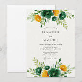 Emerald Green Golden Botanical Wedding 招待状 (正面/裏面)