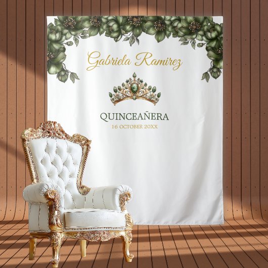 Emerald Green Golden Floral Quinceañera Backdrop タペストリー