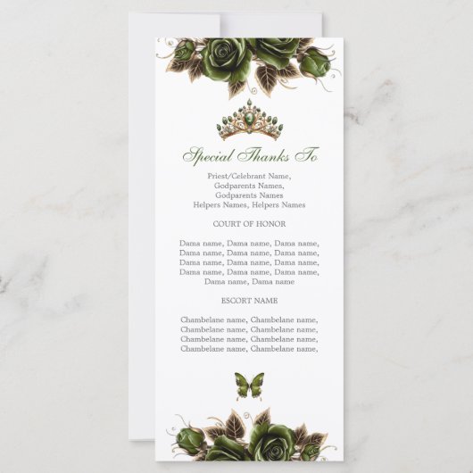 Emerald Green Golden  Roses Quinceañera Program (裏面)