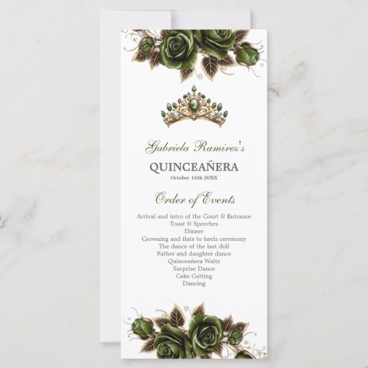 Emerald Green Golden  Roses Quinceañera Program (正面)