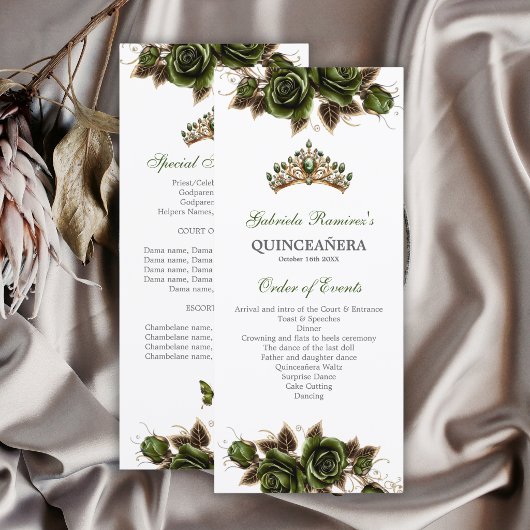 Emerald Green Golden  Roses Quinceañera Program