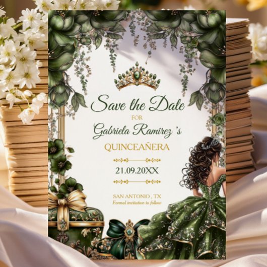 Emerald Green Golden Tiara Floral Quinceañera セーブザデート