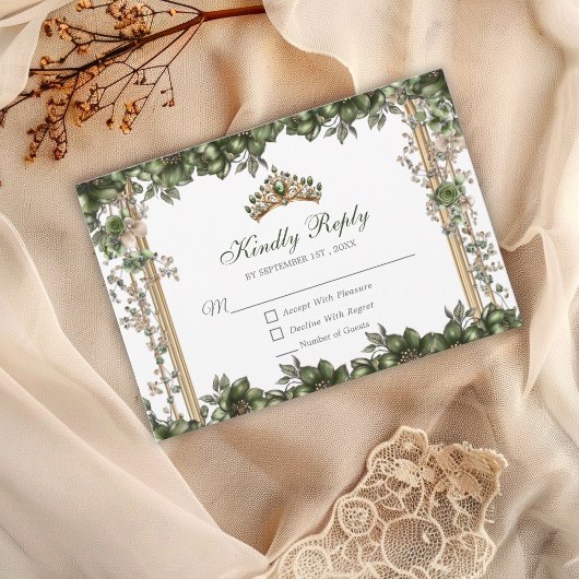 Emerald Green Golden Tiara Floral Quinceañera 出欠カード