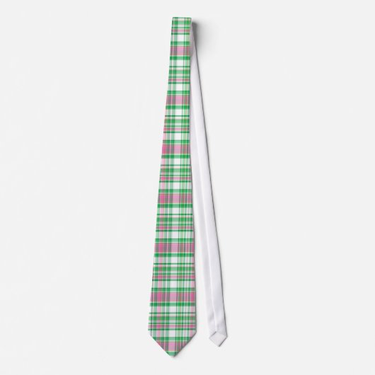 Emerald Green, Hot Pink, White Preppy Madras Plaid ネクタイ (正面)
