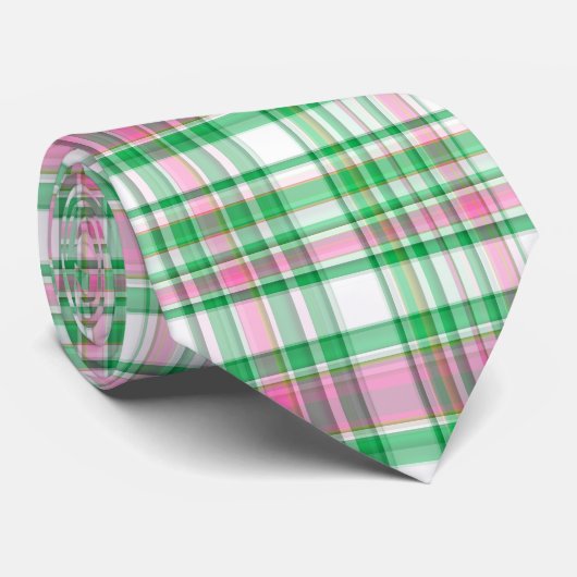 Emerald Green, Hot Pink, White Preppy Madras Plaid ネクタイ (ロール)
