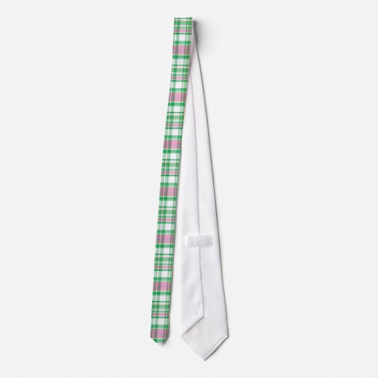Emerald Green, Hot Pink, White Preppy Madras Plaid ネクタイ (裏面)