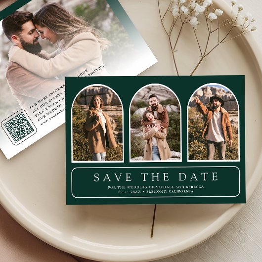 Emerald Green Minimal Arch Photo QR Code Wedding セーブザデート