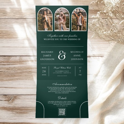 Emerald Green Minimal Arch Photo QR code Wedding 三つ折り招待状