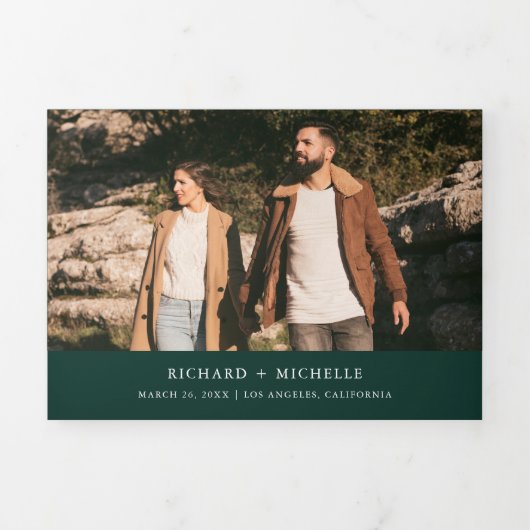 Emerald Green Minimal Arch Photo QR code Wedding 三つ折り招待状 (カバー)