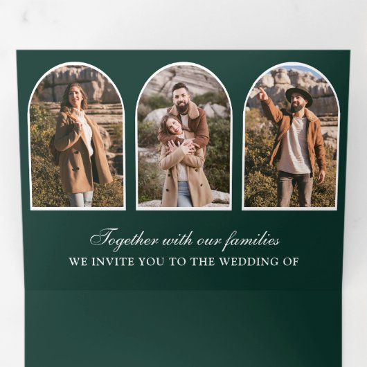 Emerald Green Minimal Arch Photo QR code Wedding 三つ折り招待状 (内部最初)
