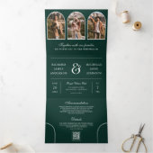 Emerald Green Minimal Arch Photo QR code Wedding 三つ折り招待状 (内部)