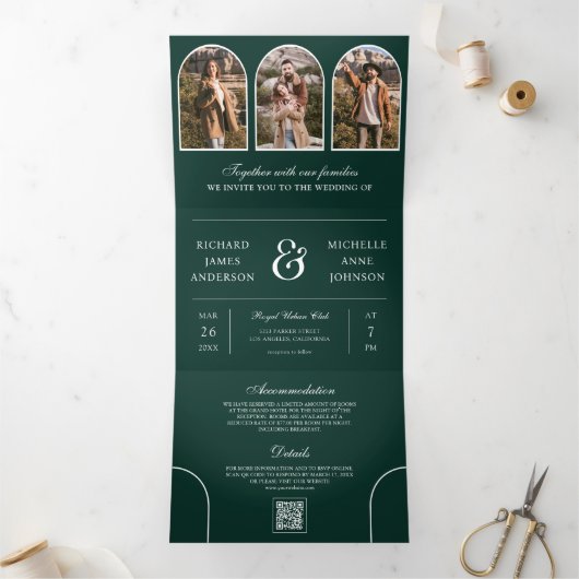 Emerald Green Minimal Arch Photo QR code Wedding 三つ折り招待状 (内部)