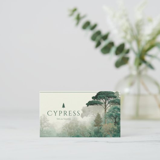 Emerald Green Misty Forest Serene Landscape 名刺 (スタンド正面)