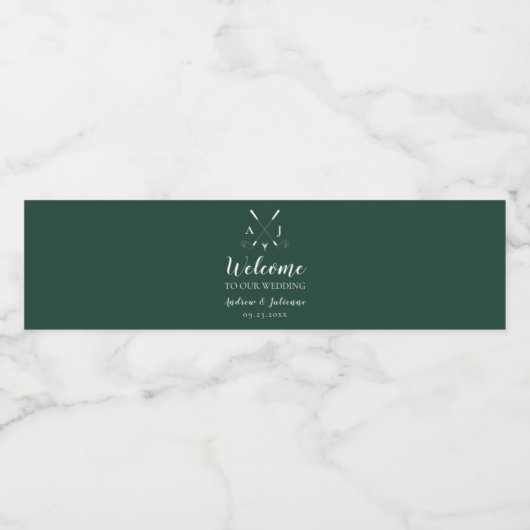 Emerald Green Modern Monogram Golf Wedding ペットボトルラベル (シングルラベル)