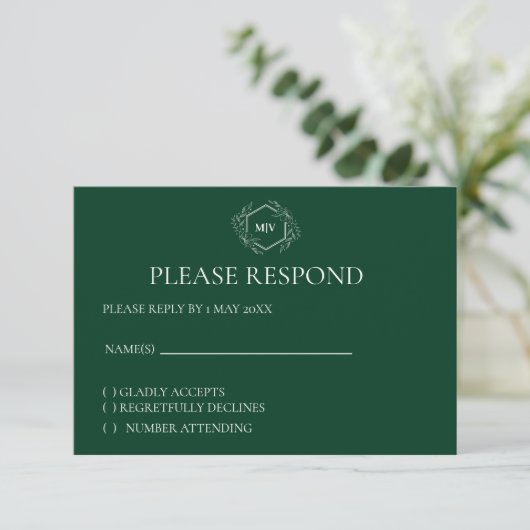 Emerald Green Monogram Crest RSVP card (スタンド正面)