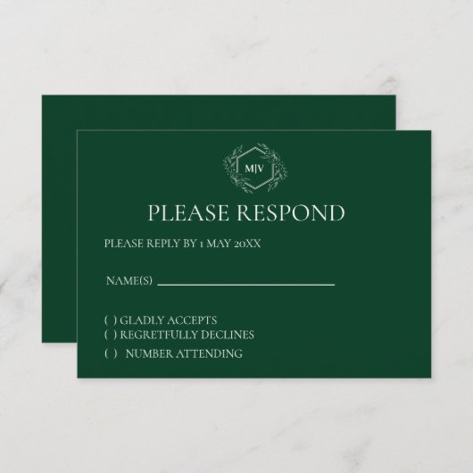 Emerald Green Monogram Crest RSVP card (正面/裏面)