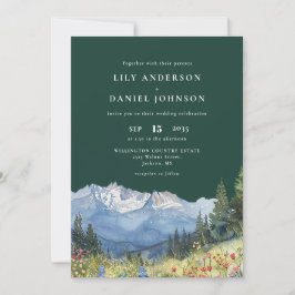 Emerald Green Mountain Floral QR Code Wedding 招待状