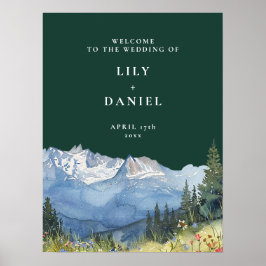 Emerald Green Mountain Floral Wedding Welcome Sign ポスター