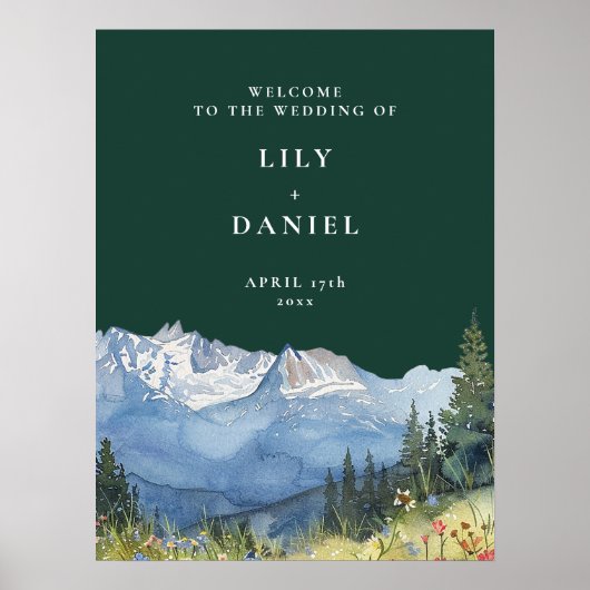 Emerald Green Mountain Floral Wedding Welcome Sign ポスター (正面)
