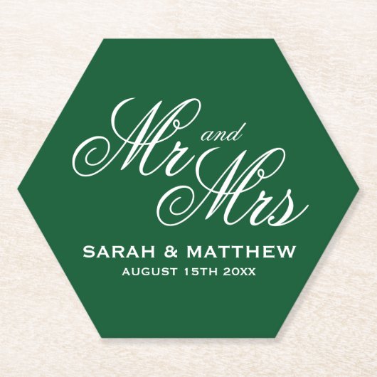 Emerald green Mr and Mrs hexagon wedding coasters ペーパーコースター (正面)